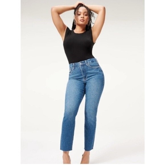 Good American size 2 Good Classic Raw Hem Medium Wash Jean Straight Leg Denim - Picture 1 of 14